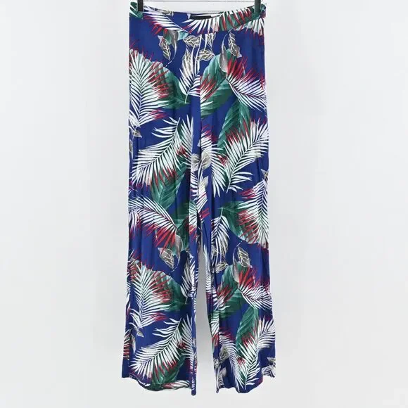THE SANG Pants Womens Size M Blue Tropical Print High Rise Wide Leg Beach Boho - Picture 1 of 13